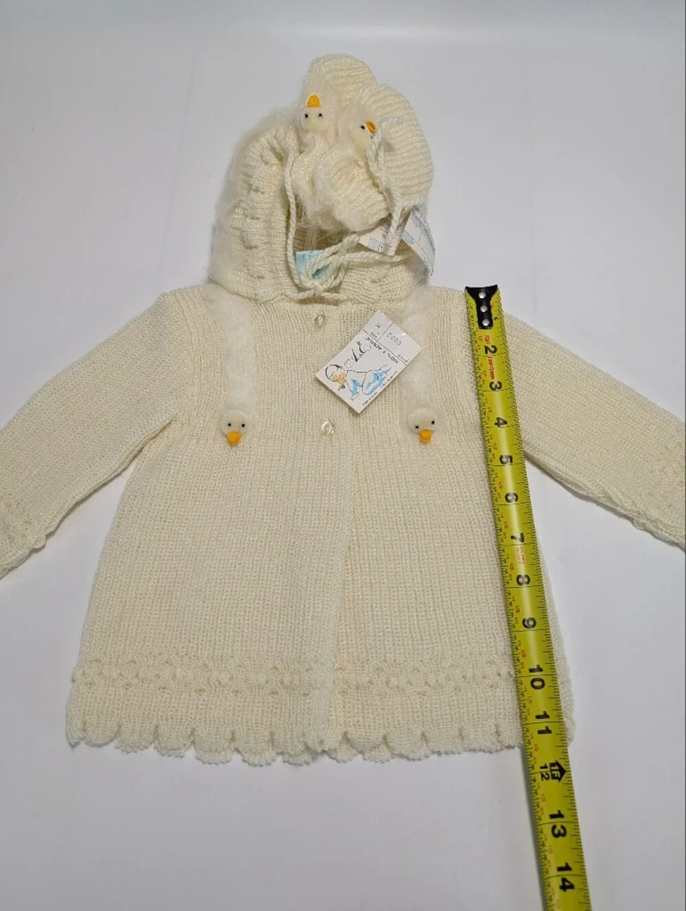 Vintage All-Mine Cream-Colored Knit Hooded Baby Coat & Booties with Duck Accents